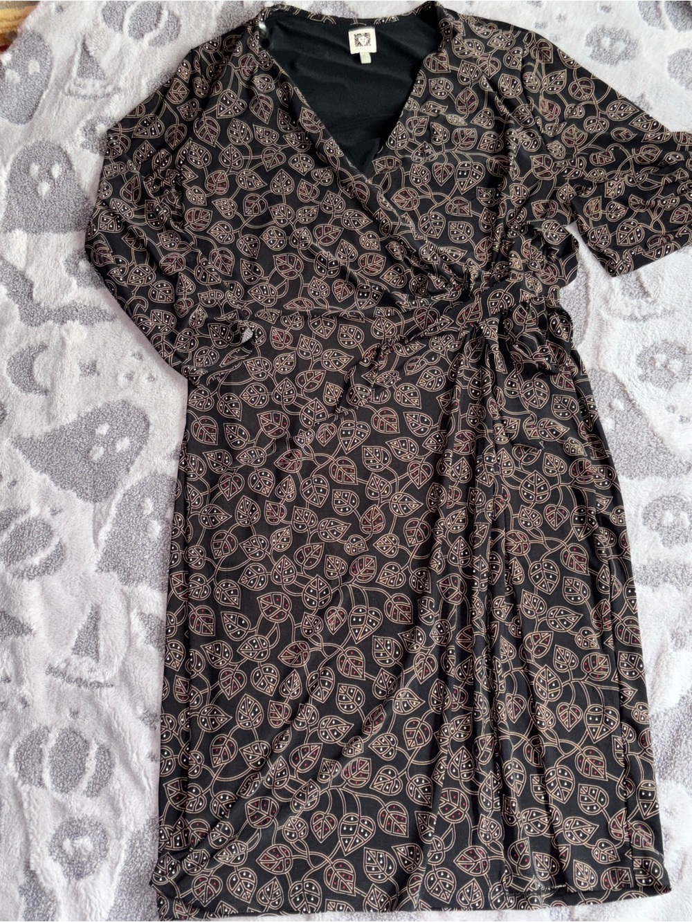 Anne Klein black and mauve-toned leaf-print faux-wrap jersey dress~XL~